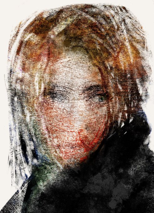 An artistic, textured portrait depicts a person with blonde hair and freckles against a light background.