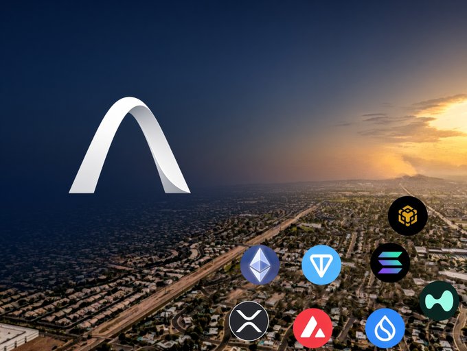 A stylized graphic featuring the Avalanche (AVAX) logo over an aerial cityscape at sunset, accompanied by other cryptocurrency logos including Ethereum, Tron, Solana, BNB, Ripple, Avalanche, Sui, and a water droplet icon.