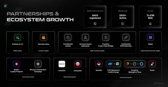 A 'PARTNERSHIPS & ECOSYSTEM GROWTH' slide highlighting 6403 Beldex Names Service registered, 2935+ Mastermode Active, and 11.47M BDX burned, with various partner logos.