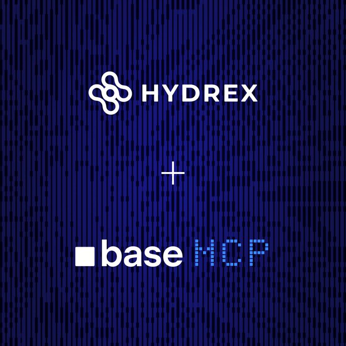 The image features a blue background with white text that reads "hydrex + base mcf". The text is arranged in two columns, with the first column containing the word "hydrex" followed by the word "base", and the second column displaying the phrase "base @mcp". This arrangement suggests that Hydrex has been integrated into a base MCP system.