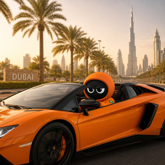 The image features a person wearing an orange jumpsuit, which appears to be a character or mascot from a company. The person is sitting inside a sports car that has a black roof and white wheels. In the background, there are palm trees and buildings, suggesting that they might be in Dubai. The post includes text such as "Can I Get GM @Nomisma Network @Wallchain @TheARCTERMINAL".