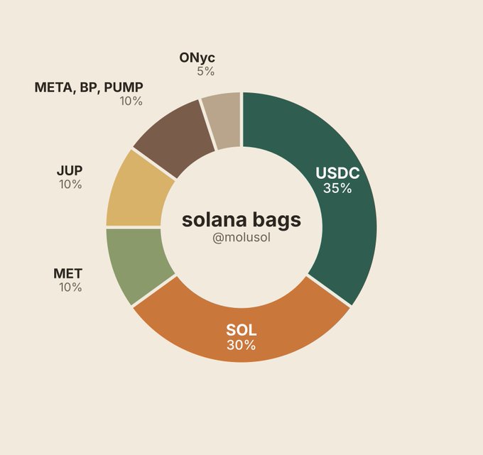 A donut chart titled 'solana bags @molusol' showing crypto portfolio allocation: USDC 35%, SOL 30%, MET 10%, JUP 10%, META/BP/PUMP 10%, and ONyc 5%.