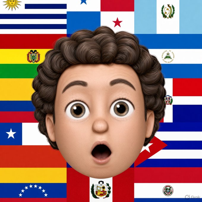 A 3D cartoon-style face of a curly-haired boy with a shocked expression, set against a background collage of various Latin American flags.