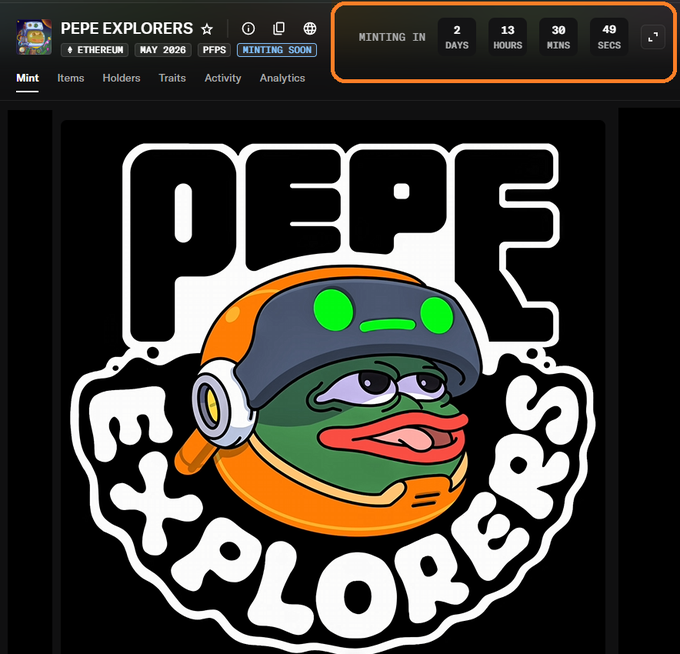 The image shows a cartoon depiction of an orange and green frog wearing a helmet, with the text "Pepe Explorers" written above him. The background of the image is black, making the colorful frog stand out. Below the frog, there's a list of items that are currently available for purchase on the website, including NFTs (Non-Fungible Tokens) and wallet holders' items. The post also mentions that mint days will be available in two days, which could indicate a special offer or limited edition release of the item being sold.