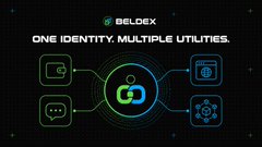 A Beldex promotional graphic with the tagline 'ONE IDENTITY. MULTIPLE UTILITIES,' displaying icons for messaging, finance, and other utilities connected to a central logo.