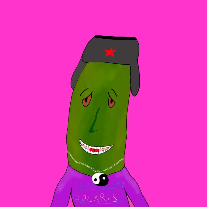 A cartoon illustration of a green pickle-like character wearing a black ushanka hat with a red star, a yin-yang necklace, and a purple shirt labeled 'SOLARIS' against a bright pink background.