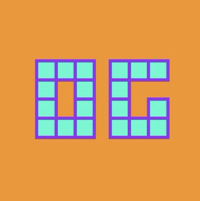A minimalist graphic design featuring the letters "DC" constructed from teal squares outlined in purple, set against a solid orange background.