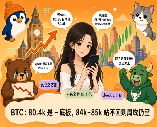 An illustrated graphic features a woman with a phone surrounded by a penguin, cat, bear, and bull mascots, showing Bitcoin price data: BTC spot ~82.5k, 24h low 80.4k, option IV 84k, PCR 1.12, 2.2万 lots, nominal 18.4亿, weekly close 85.7k, ETF net outflow yesterday, and bullish bars, with the text 'BTC: 80.4k is a bottom, 84k-85k holds no pullback, weekly still bullish.'