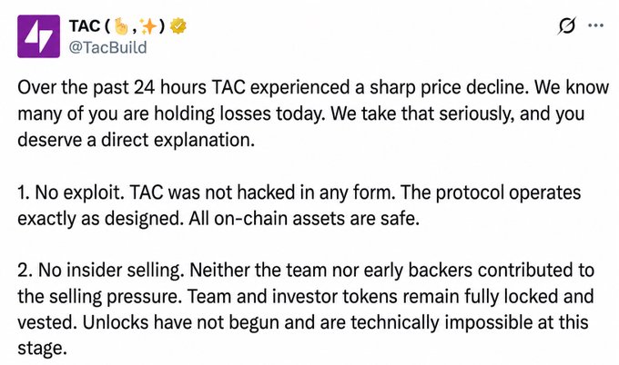 Tweet from TAC (@TacBuild) addressing a sharp price decline, stating no exploit occurred, the protocol was not hacked, and there was no insider selling from the team or early backers.