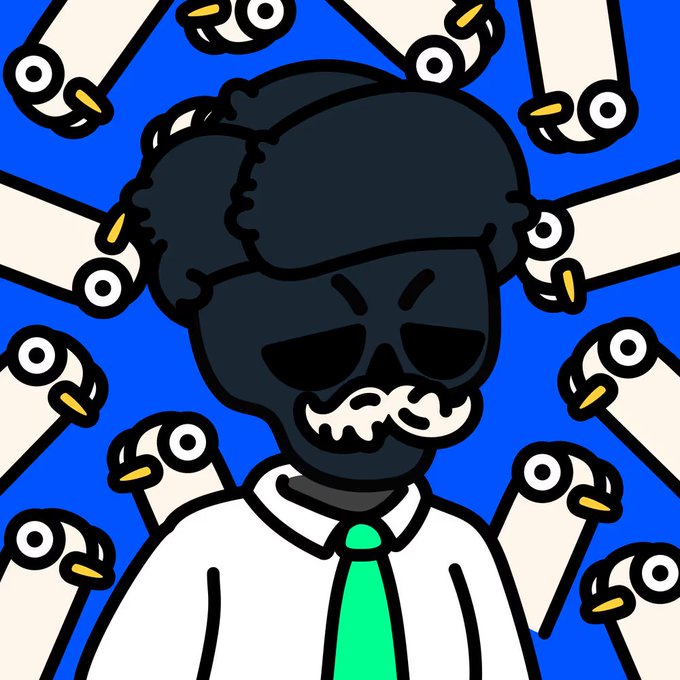 A cartoon illustration of a dark-skinned character with sunglasses, a mustache, and a green tie, surrounded by flying seagulls against a blue background.