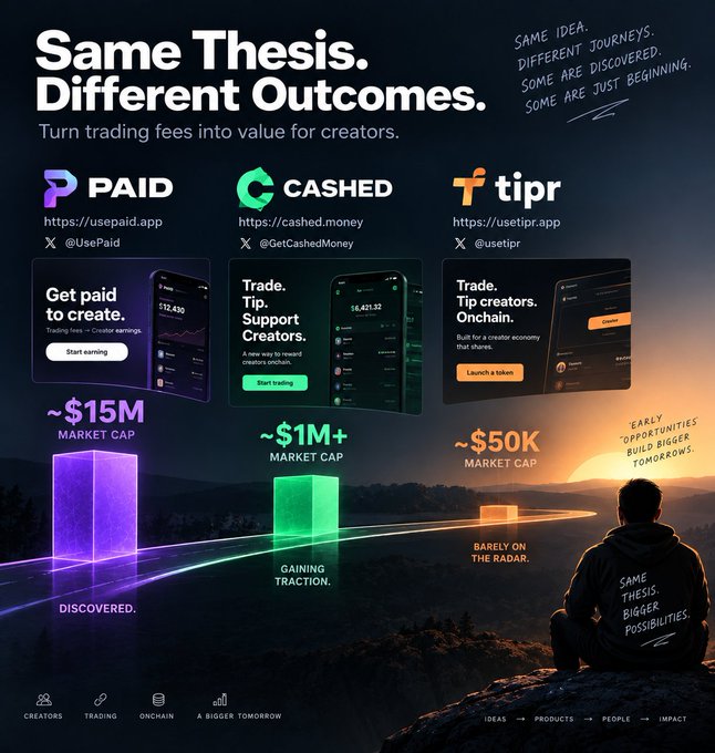 A 'Same Thesis. Different Outcomes.' promotional graphic comparing three crypto/creator apps: PAID (~$15M market cap, discovered), CASHED (~$1M+ market cap, gaining traction), and tipr (~$50K market cap, barely on the radar).