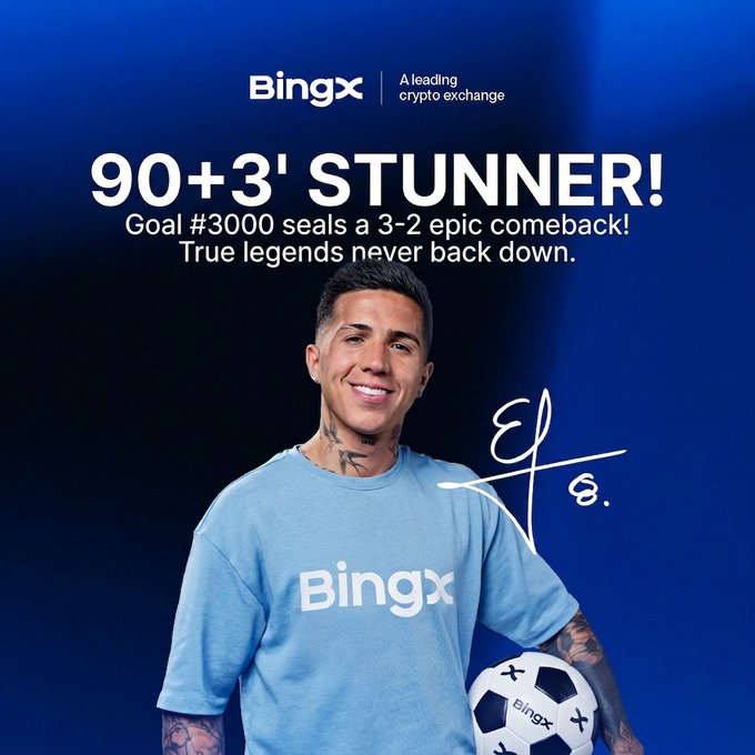 A smiling soccer player wearing a light blue "BingX" t-shirt holds a soccer ball, promoting the "90+3' STUNNER!" celebrating Goal #3000 in a 3-2 comeback, with the BingX logo and tagline "A leading crypto exchange" at the top. The image ties directly to the post's giveaway celebrating Enzo's clutch goal, reinforcing BingX's sponsorship of the player and the #BuildYourLegacy campaign.