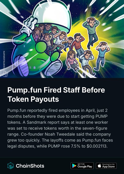 A ChainShots news graphic featuring cartoon artwork of people fleeing a giant green character wearing an astronaut helmet, with the headline "Pump.fun Fired Staff Before Token Payouts." The article reports that Pump.fun laid off employees in April, just 2 months before their PUMP token payouts were due, with co-founder Noah Tweedale citing rapid company growth, while PUMP rose 7.5% to $0.002113.