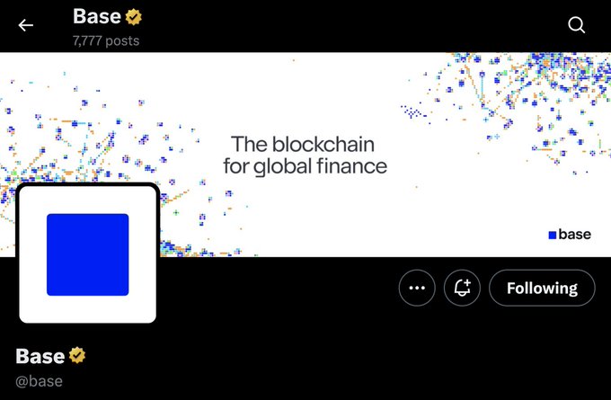 The image shows a social media post with a white background, blue squares, and a small logo for a company named Base. The post has a caption that reads "The blockchain for global finance" followed by a hashtag "#base". There is also a small button in the bottom right corner of the post, which could be used to follow or unfollow the account.