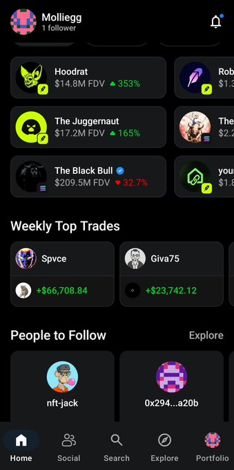 A dark-themed mobile app interface (appears to be a crypto/NFT platform) showing user 'Molliegg' with 1 follower, lists including 'Hoodrat', 'The Juggernaut', 'The Black Bull', and sections for 'Weekly Top Trades' and 'People to Follow'.