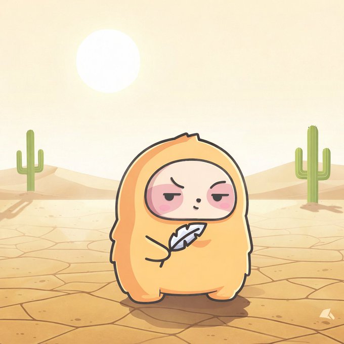 A cute, unimpressed cartoon taco character holding a feather stands in a desert landscape with cacti and a bright sun. The image humorously matches the post's self-deprecating "feeling pathetic" mood on Taco Tuesday, with the taco's grumpy expression reflecting the author's missed $ANSEM opportunity.
