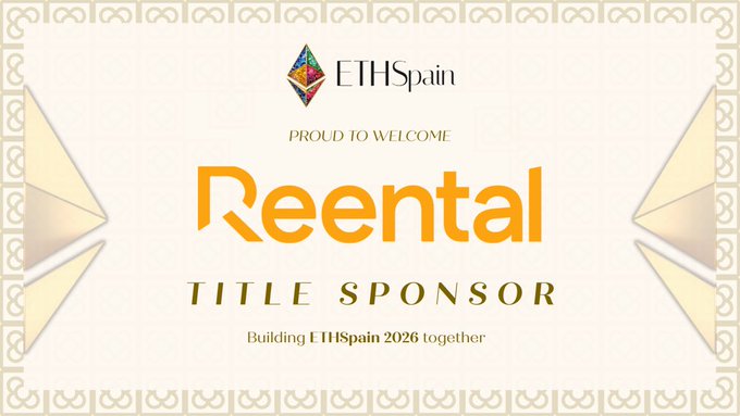 A promotional graphic with a decorative border announcing 'ETHSpain PROUD TO WELCOME Reental TITLE SPONSOR Building ETHSpain 2026 together'.
