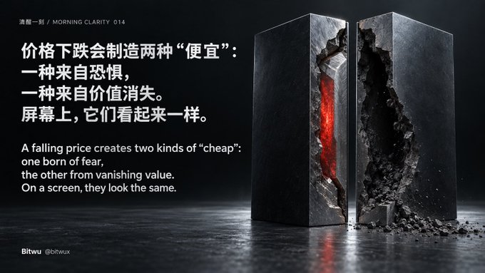 A Bitwu 'Morning Clarity 014' graphic showing a split black stone with red inside, alongside text in Chinese and English stating 'A falling price creates two kinds of "cheap": one born of fear, the other from vanishing value. On a screen, they look the same.'
