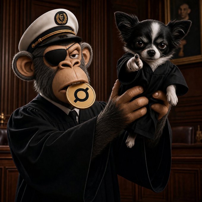 A monkey judge in a robe, captain's hat, and eyepatch holds a black and white chihuahua dressed in a robe, with a gold coin bearing the "O" symbol (the $ORE ticker logo) in its mouth. The image playfully visualizes the post's "I see you $ORE" sentiment by depicting the monkey "catching" or holding the token, reinforcing the watchful, keeper-like tone of the message.