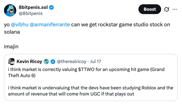 A tweet from @8bitpenis.sol asking @vibhu and @armaniferrante to create a Rockstar Game Studio stock on Solana, quoting Kevin Ricoy's tweet about $TTWO valuation.