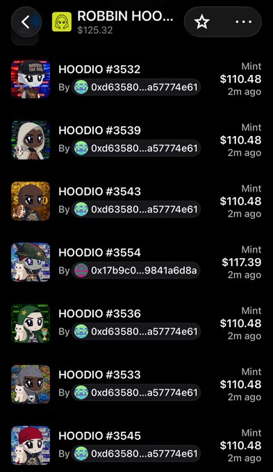 A screenshot of an NFT marketplace activity feed showing multiple HOODIO mints by "ROBBIN HOO..." with a balance of $125.32, displaying recent mints priced between $110.48-$117.39 from addresses 0xd63580...a57774e61 and 0x17b9c0...9841a6d8a. The feed corroborates the post's concerns about the project, showing repetitive minting activity from the same wallet at high prices that suggests potential wash minting or team-driven buying rather than organic public demand.