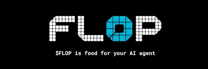 The image displays the "$FLOP" logo in a retro pixelated font on a black background, with the tagline "$FLOP is food for your AI agent" beneath it, visually introducing the AI-themed cryptocurrency project mentioned in the accompanying airdrop announcement.