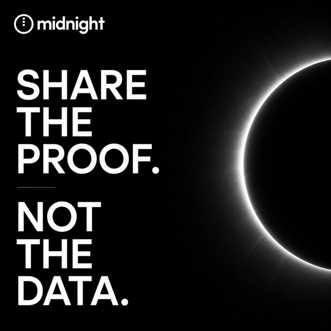 A minimalist black poster features the 'midnight' logo and bold white text reading 'SHARE THE PROOF. NOT THE DATA.' next to an image of a solar eclipse.