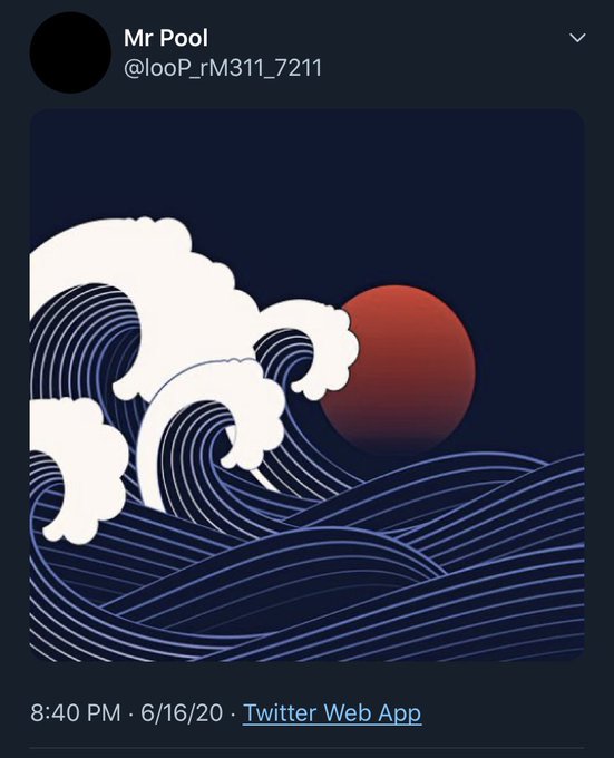 A stylized illustration depicts crashing ocean waves with white foam crests beneath a large red sun against a dark blue background, evoking a dramatic stormy seascape. The tweet from Mr Pool (@looP_rM311_7211) on 6/16/20 links the date June 16 to the Julian calendar, referencing the XRP cryptocurrency.