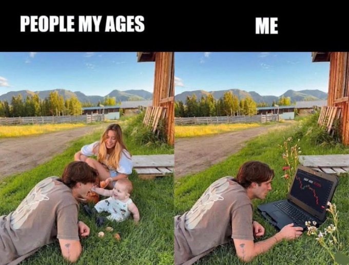 A two-panel meme comparing 'PEOPLE MY AGES' playing with a baby outdoors versus 'ME' staring at a laptop displaying a red stock chart in the same setting.