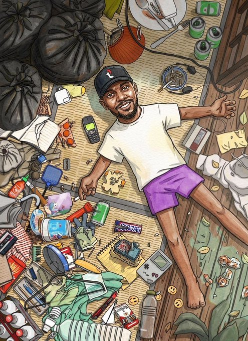 A detailed, colorful illustrated artwork showing a smiling Black man wearing a white t-shirt, purple shorts, and a backwards cap lying on the floor surrounded by various scattered objects including trash bags, bottles, cans, electronics, shoes, and other debris.