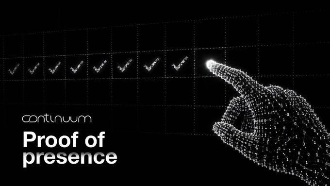 A digital graphic featuring a wireframe hand pointing toward a checklist, with the text 'continuum' and 'Proof of presence' on a black background.