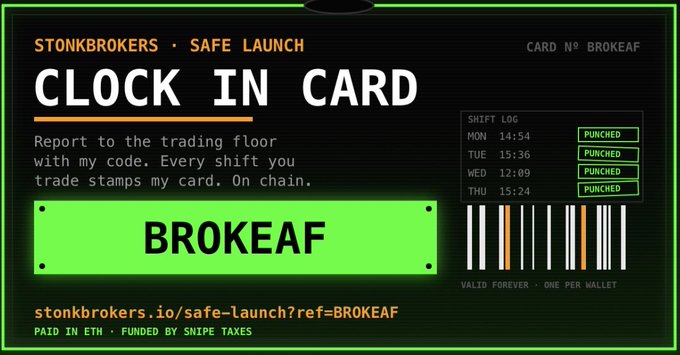 A digital card titled 'STONKBROKERS · SAFE LAUNCH' features a 'CLOCK IN CARD' for 'BROKEAF' with a shift log showing punch times for Monday through Thursday and a barcode.
