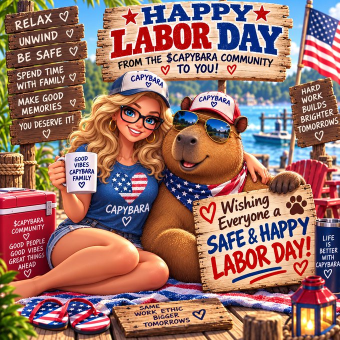 A cartoon-style Labor Day graphic featuring a blonde woman with glasses and a capybara wearing sunglasses and patriotic hats, surrounded by signs reading 'HAPPY LABOR DAY', 'FROM THE $CAPYBARA COMMUNITY', and 'Wishing Everyone a SAFE & HAPPY LABOR DAY!'.