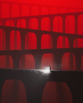 The image features a person standing under an archway, with a red background that creates a striking contrast against the scene. The person appears to be alone, possibly exploring or seeking shelter within the structure. The focus of the image seems to be on the individual rather than the surrounding environment.