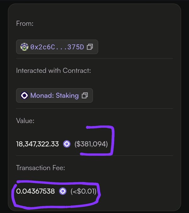 A transaction shows 18,347,322.33 Monad tokens, valued at $381,094, were staked with a transaction fee of less than $0.01.