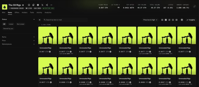 Marketplace listing page for 'Unrevealed Rigs' NFTs in 'The Oil Rigs' collection, showing 257 owned by a user with various floor prices displayed in ETH and WETH.
