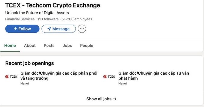 LinkedIn page for TCEX - Techcom Crypto Exchange, a financial services company with 51-200 employees, showing recent job openings in Hanoi.