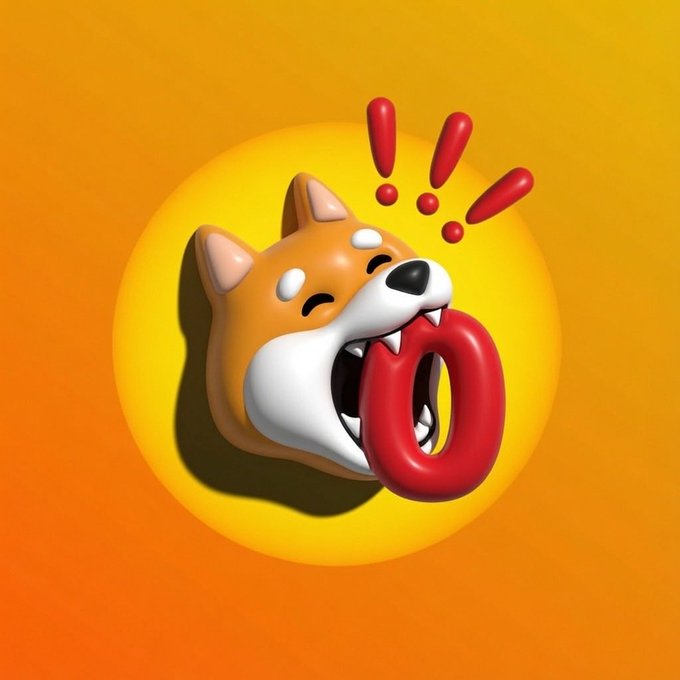 3D rendered illustration of a cute cartoon Shiba Inu dog emoji-style character with an open mouth showing teeth, against a yellow circular background on an orange backdrop, with red exclamation marks above its head.