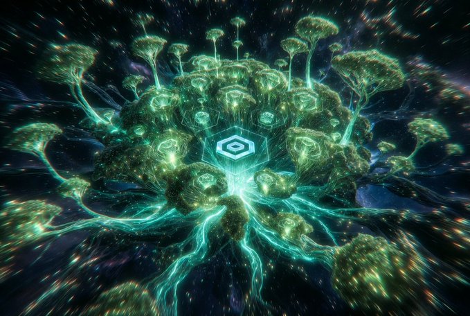 A vibrant digital artwork depicts a glowing green, tree-like cosmic structure with a central hexagonal logo, surrounded by floating trees and streaks of light against a starry background.