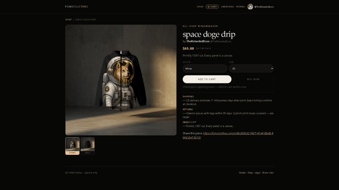 An e-commerce product page for a 'space doge drip' hoodie by @KithbitoCloth on RARECLOTHES, priced at $65.00 USD, featuring a Shiba Inu in an astronaut suit.