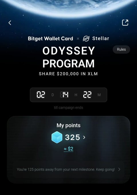 The image shows the Bitget Wallet Card × Stellar "Odyssey Program" campaign page, displaying a countdown of 02 days, 14 hours, 22 minutes until the campaign ends, along with the user's current points total of 325 (≈ $2) and a note that they are 125 points away from their next milestone, sharing $200,000 in XLM. 

This screenshot ties directly to the post, as it visually captures the user's ongoing engagement with the Stellar Odyssey campaign—showing their accumulated points and progress that has made participating become a daily habit.