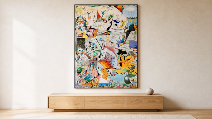 A modern interior scene showing a large colorful abstract painting hanging on a white wall above a light wooden console cabinet, with a small decorative vase on the right.