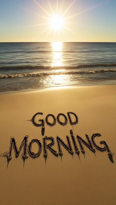 The words 'Good Morning' are written in the sand on a beach with the sun rising over the ocean.