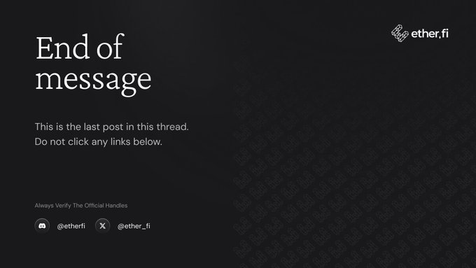 The image shows a black background with white text that reads "End of message". The text is written in a serif font, which gives it a formal appearance. The text also includes a link to an event page at etherfi.gitbook.io/etherfi/events.