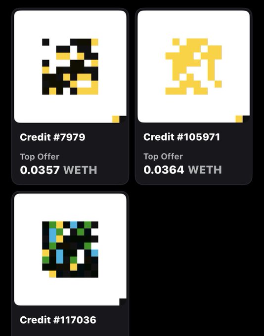 An NFT marketplace listing showing three pixel art credits (#7979, #105971, #117036) with top offers in WETH.