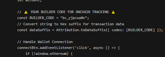 A snippet of code defining a constant 'BUILDER_CODE = "bc_vjpcua0n"' and using 'Atribution.toDataSuffix' to convert a string to a hex suffix for onchain transaction tracking.