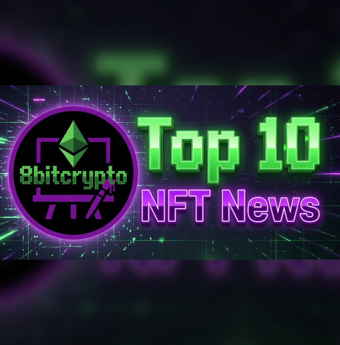A digital banner for '8bitcrypto' featuring a neon-styled logo with an Ethereum symbol, set against a dark cyberpunk background with the glowing text 'Top 10 NFT News' in green and purple.