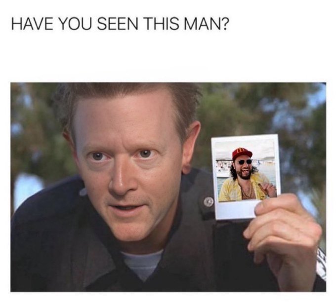 A meme featuring Conan O'Brien holding up a Polaroid photo of a man in a red cap and sunglasses, with the caption 'HAVE YOU SEEN THIS MAN?'