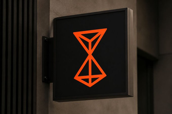A black square sign with an orange hourglass-like geometric logo mounted on a dark wall.