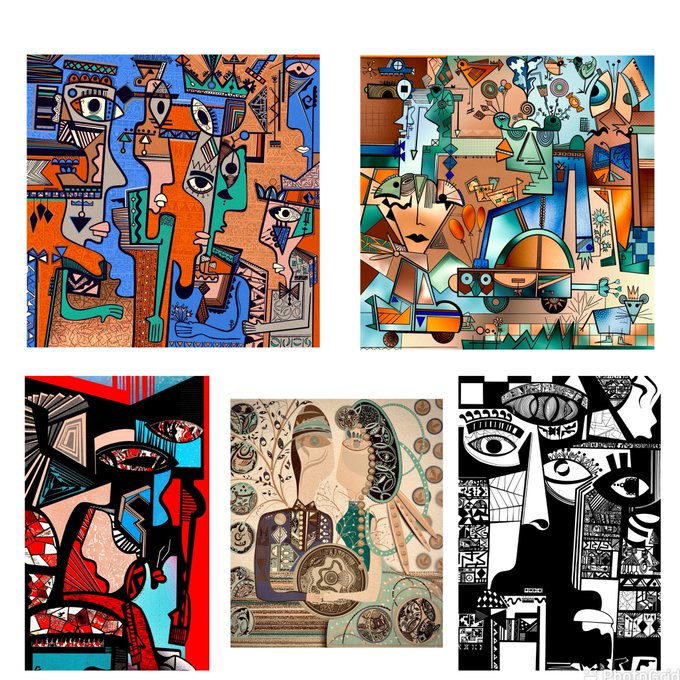 Collage of six colorful abstract paintings in a cubist/modernist style featuring faces and figures with bold geometric patterns.